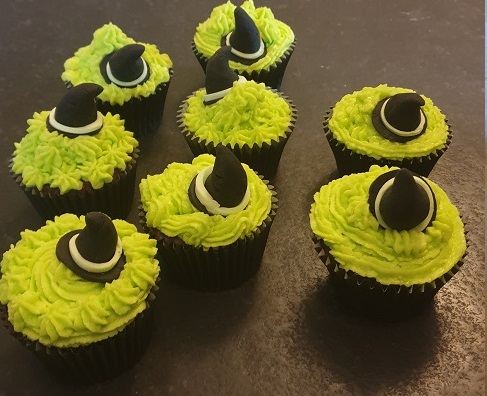 Chocolate cup cakes with lurid green icing and sugar witches’ hats